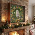 A square decorative artwork featuring a white owl centered within an ornate wreath of green leaves, berries, orange flowers, candles, and gold stars on a dark green background.