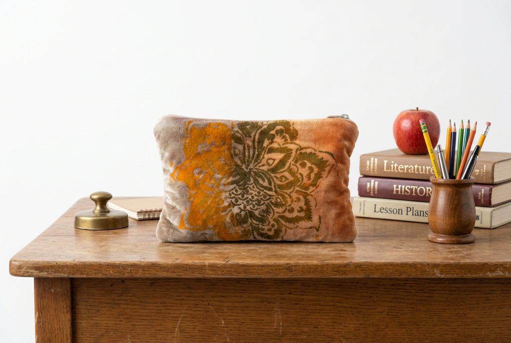 A rectangular plush cushion or pillow with a floral mandala pattern, featuring a color gradient from orange at the top to beige at the bottom, photographed on a white surface.