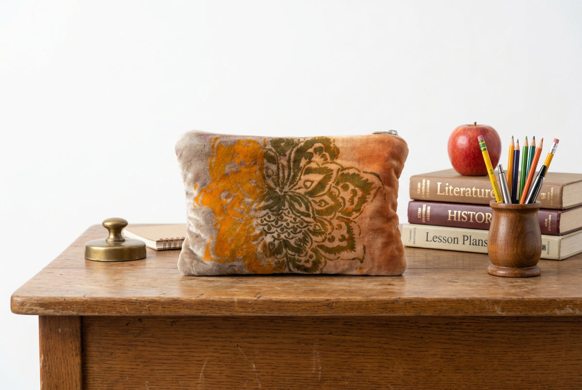 A rectangular plush cushion or pillow with a floral mandala pattern, featuring a color gradient from orange at the top to beige at the bottom, photographed on a white surface.
