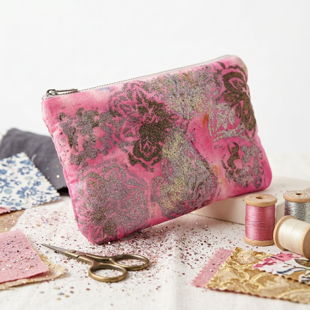A rectangular pink pouch or bag with a metallic gold and silver damask pattern, photographed on a white surface.