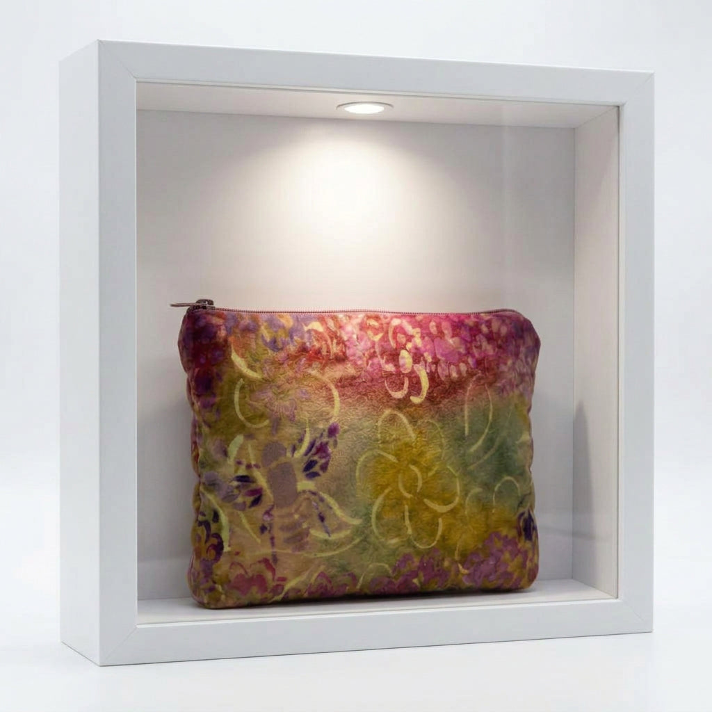 A rectangular pouch or bag with rounded corners, featuring a batik-style floral pattern in yellow, purple, and red tones, shown against a plain white background.
