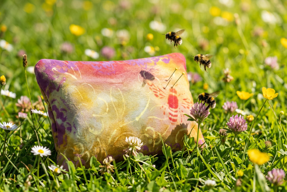 A rectangular fabric pouch with rounded corners, featuring a watercolor-style design in yellow, gold, and purple with a red and yellow bee motif, shown on a white background.