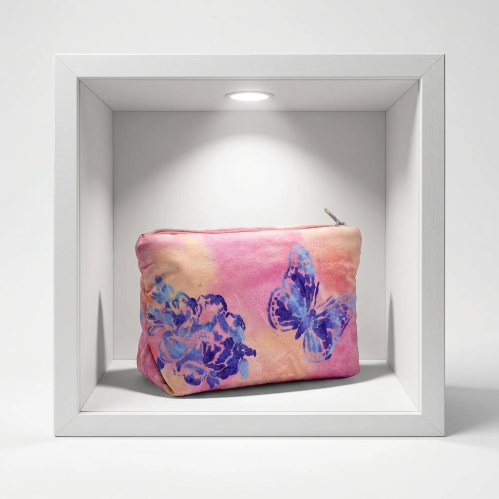 A rectangular pink and peach fabric item with a blue and purple butterfly and floral print, photographed flat against a light background.