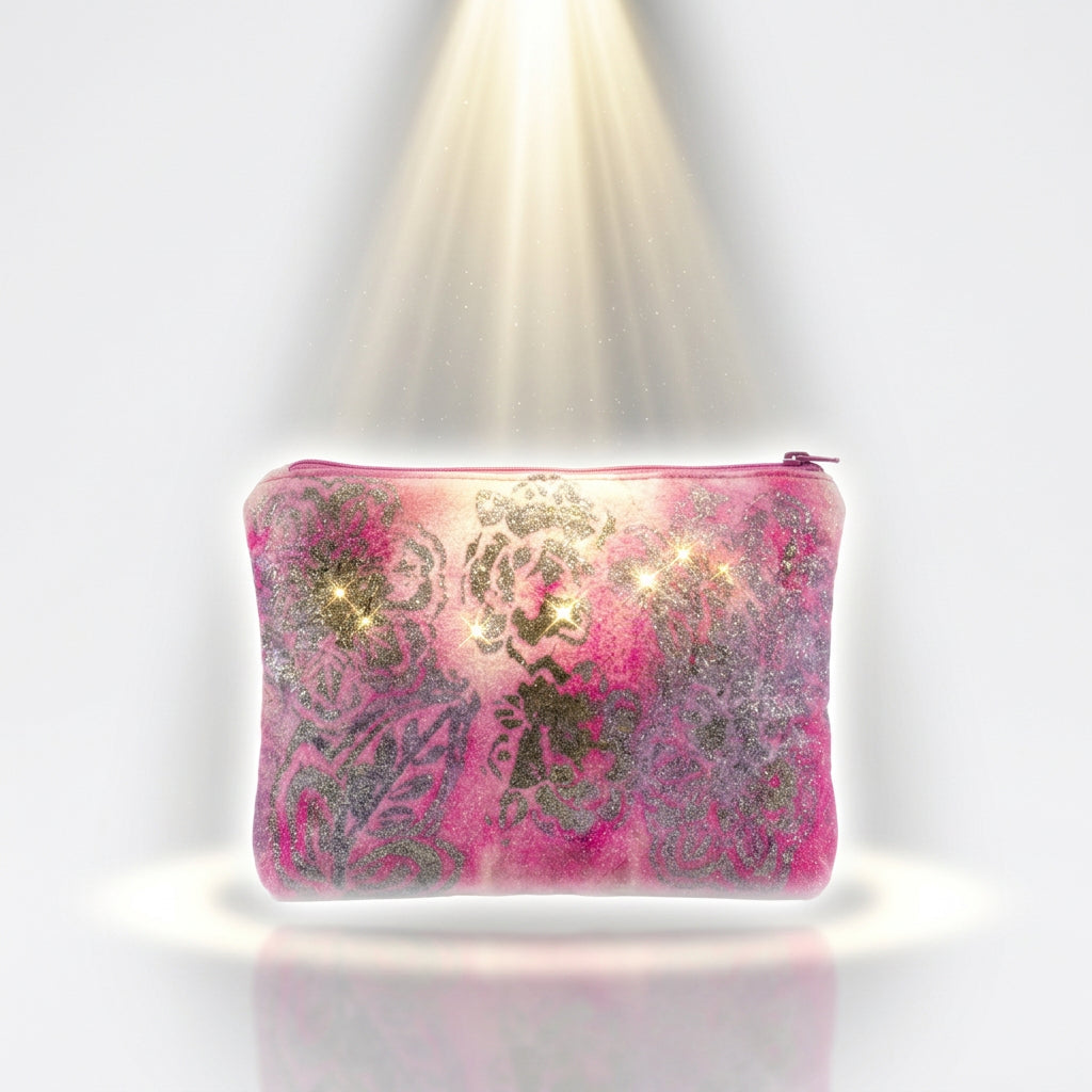 A rectangular fabric pouch with rounded corners, featuring a distressed pink background with a dark green floral damask pattern and a subtle glittery sheen.