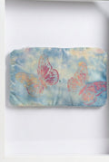 A rectangular fabric pouch or clutch with a light blue and gray tie-dye pattern, featuring two pink and orange butterfly designs.