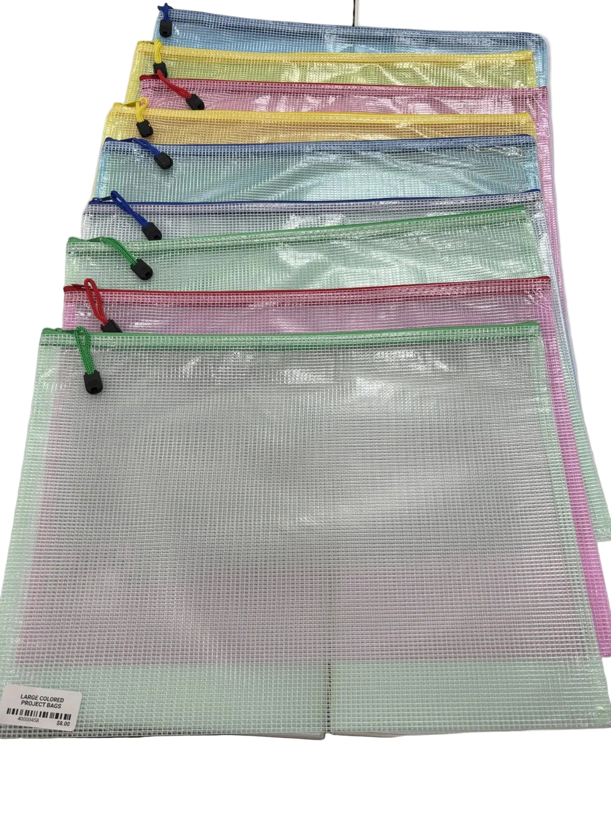 A stack of translucent mesh zippered file folders in pastel colors, including mint green, pink, red, blue, yellow, and light blue, laid out on a white surface.