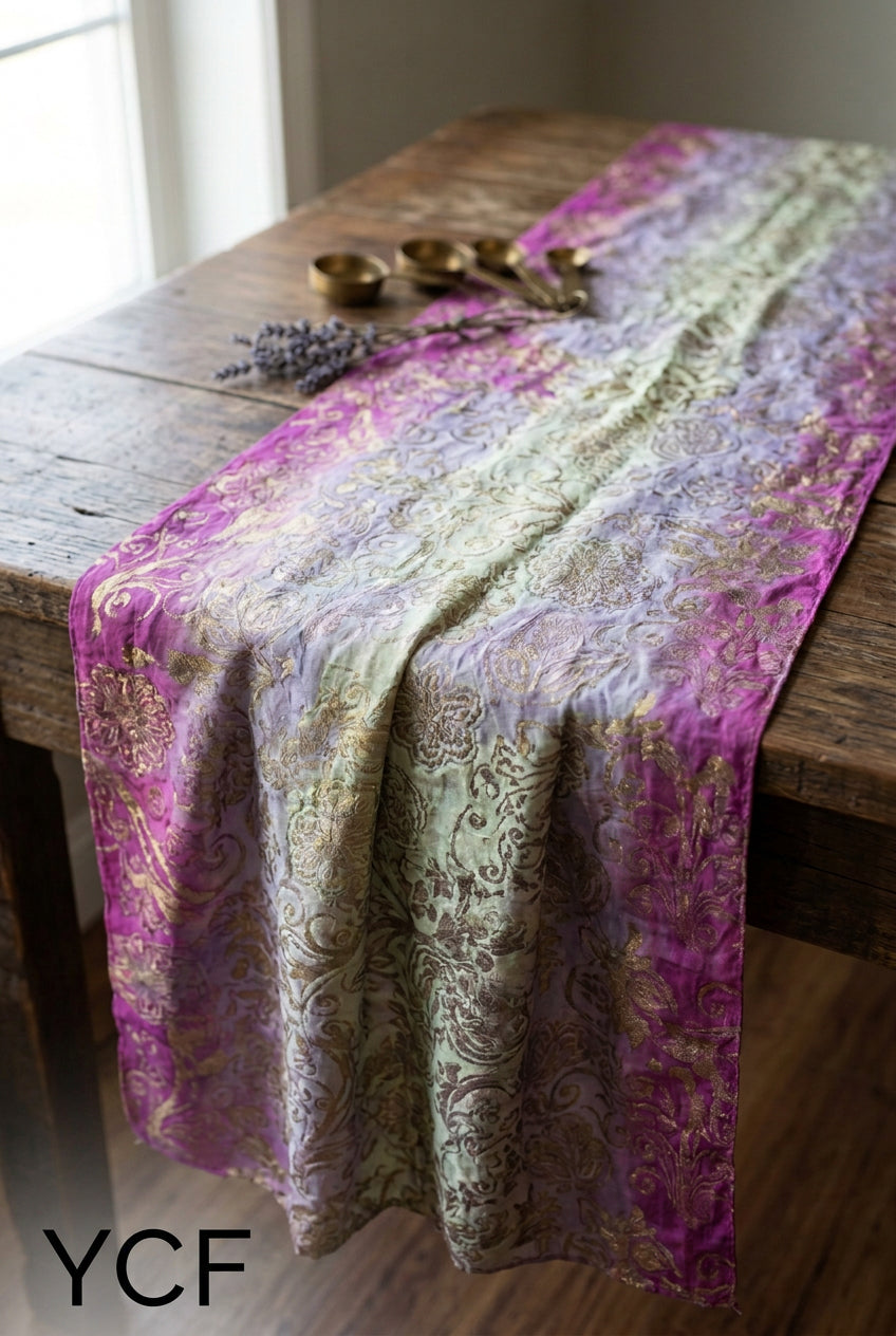 A folded silk brocade fabric with a floral paisley pattern, featuring a color-shifting finish that transitions from lavender and silver to a magenta pink with metallic gold foil detailing.