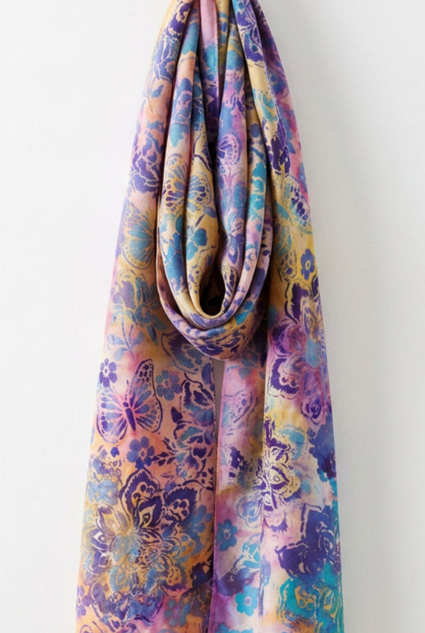 A long rectangular scarf laid flat on a dark worktable, featuring a colorful floral and butterfly print in purple, blue, yellow, and pink tones.