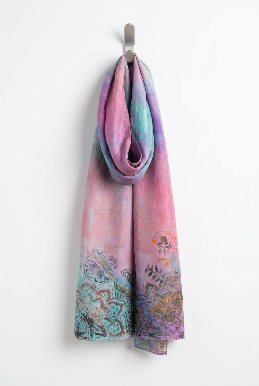 A rectangular scarf laid flat on a dark desk, featuring a pink and purple tie-dye pattern with teal, orange, and black floral motifs concentrated along the bottom edge.