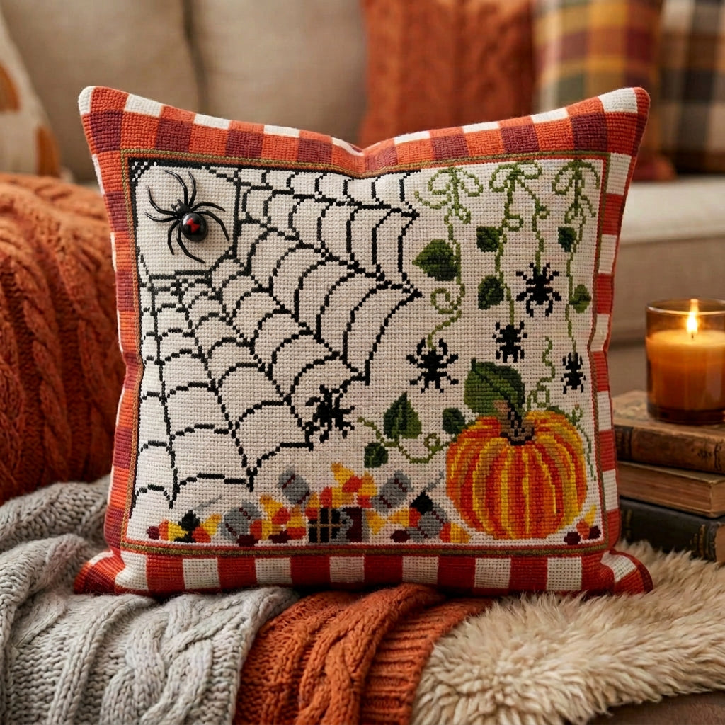 A striped orange and black fabric tote bag with a central embroidered Halloween patch featuring a spiderweb, spiderbugs, a pumpkin, and autumn leaves. The text 'Yellow City Fibers' is embroidered at the bottom of the patch.