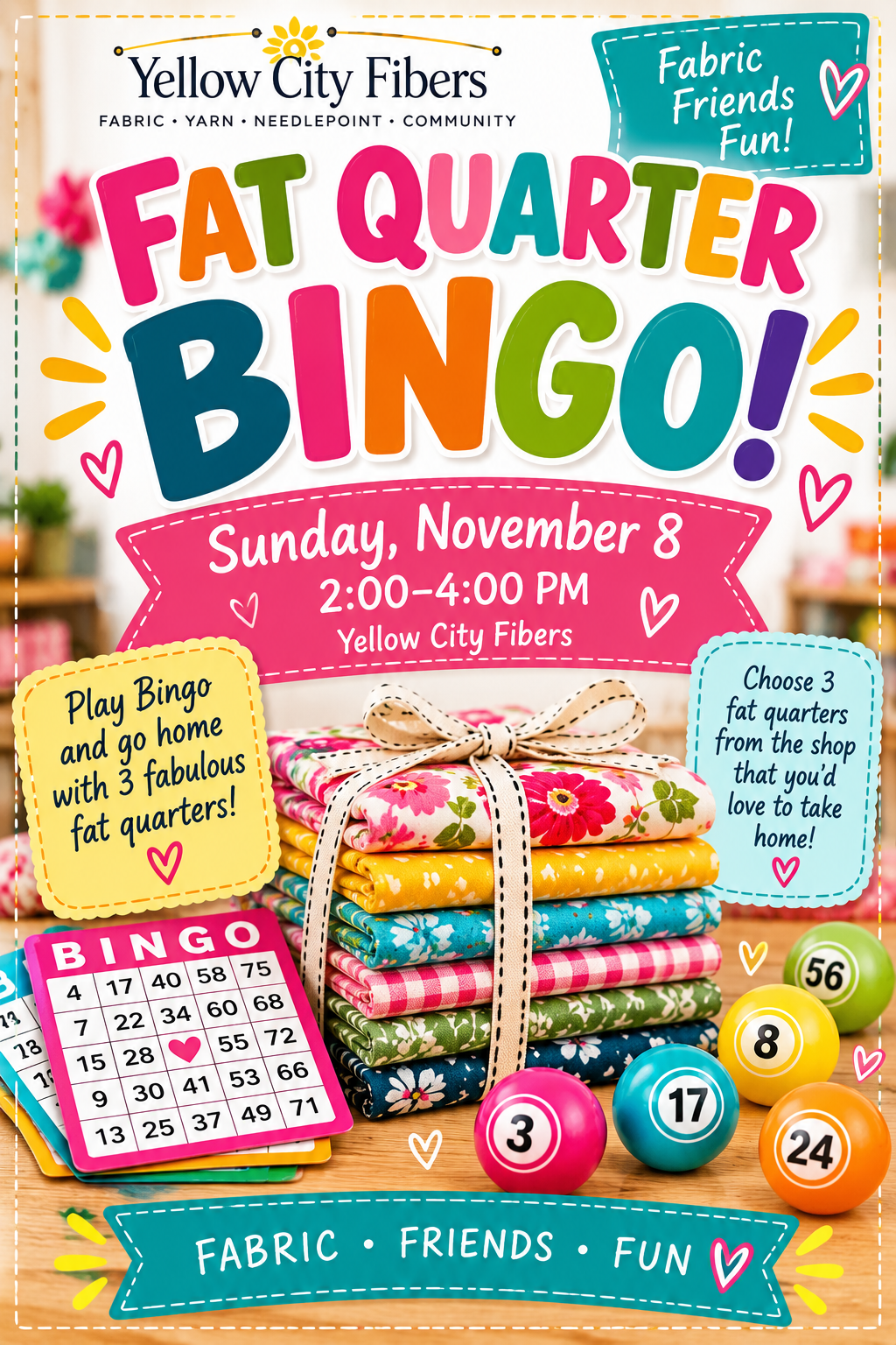 Fat Quarter Bingo Sunday Nov. 8th 2:00-4:00