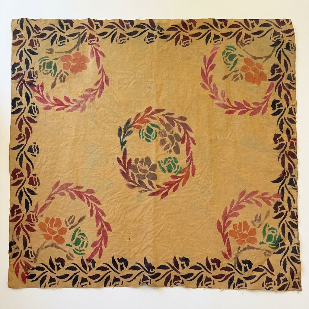 A square beige fabric panel with a hand-painted floral and leaf pattern, laid flat on a dark work surface. The design features pink, orange, green, and brown motifs on a warm beige background, with a matching patterned border.